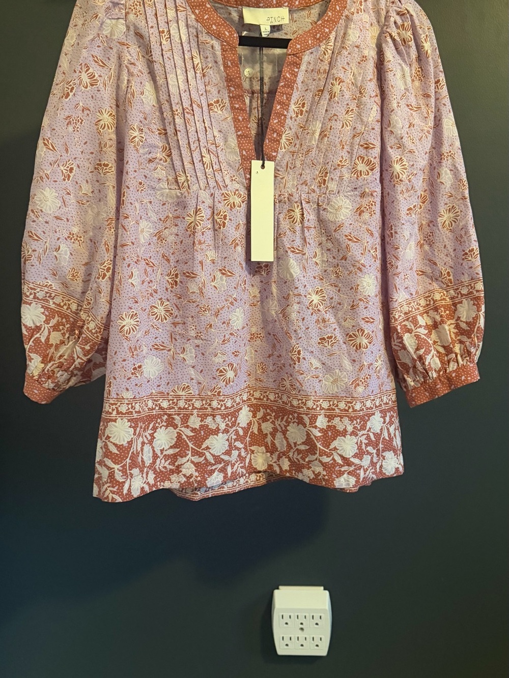 Pinch Pink Floral Pintuck Peasant Tunic with Rust Trim
